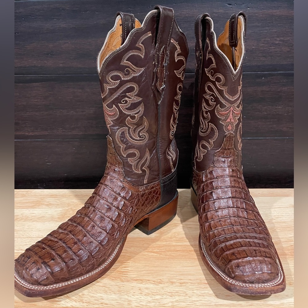 Lucchese Western Exotic in Barrel Brown & Chocolate Square Toe Boot Pull On